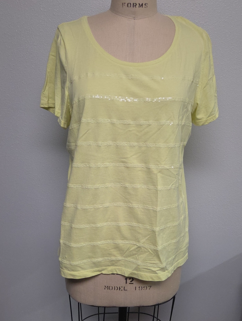 Chico's Pale Yellow Sequin-Striped Scoop Neck Tee